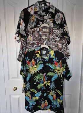 Bundle of Three Men's Black Tropical Aloha Shirts with Floral & Parrot Prints